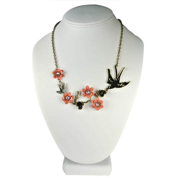 Vintage Swallow and Crystal Peach Blossoms Necklace