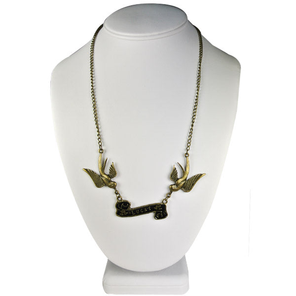 Vintage Antique Bronze Lucky Swallows Necklace