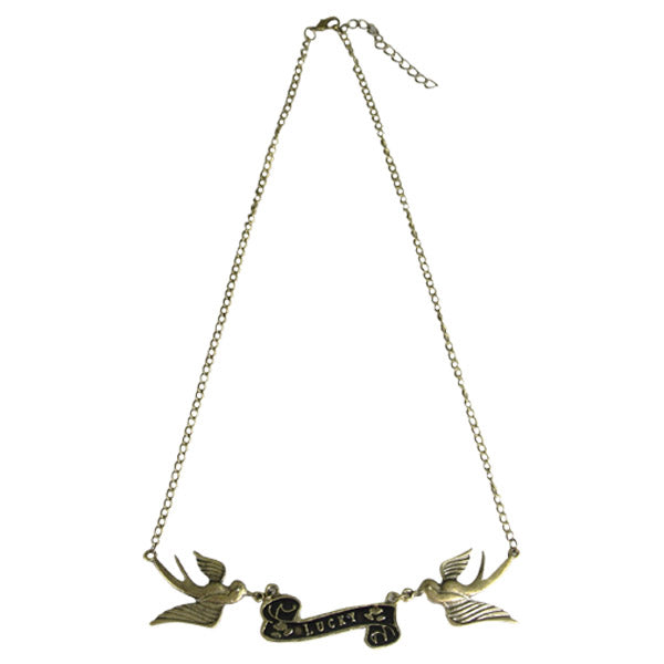 Vintage Antique Bronze Lucky Swallows Necklace