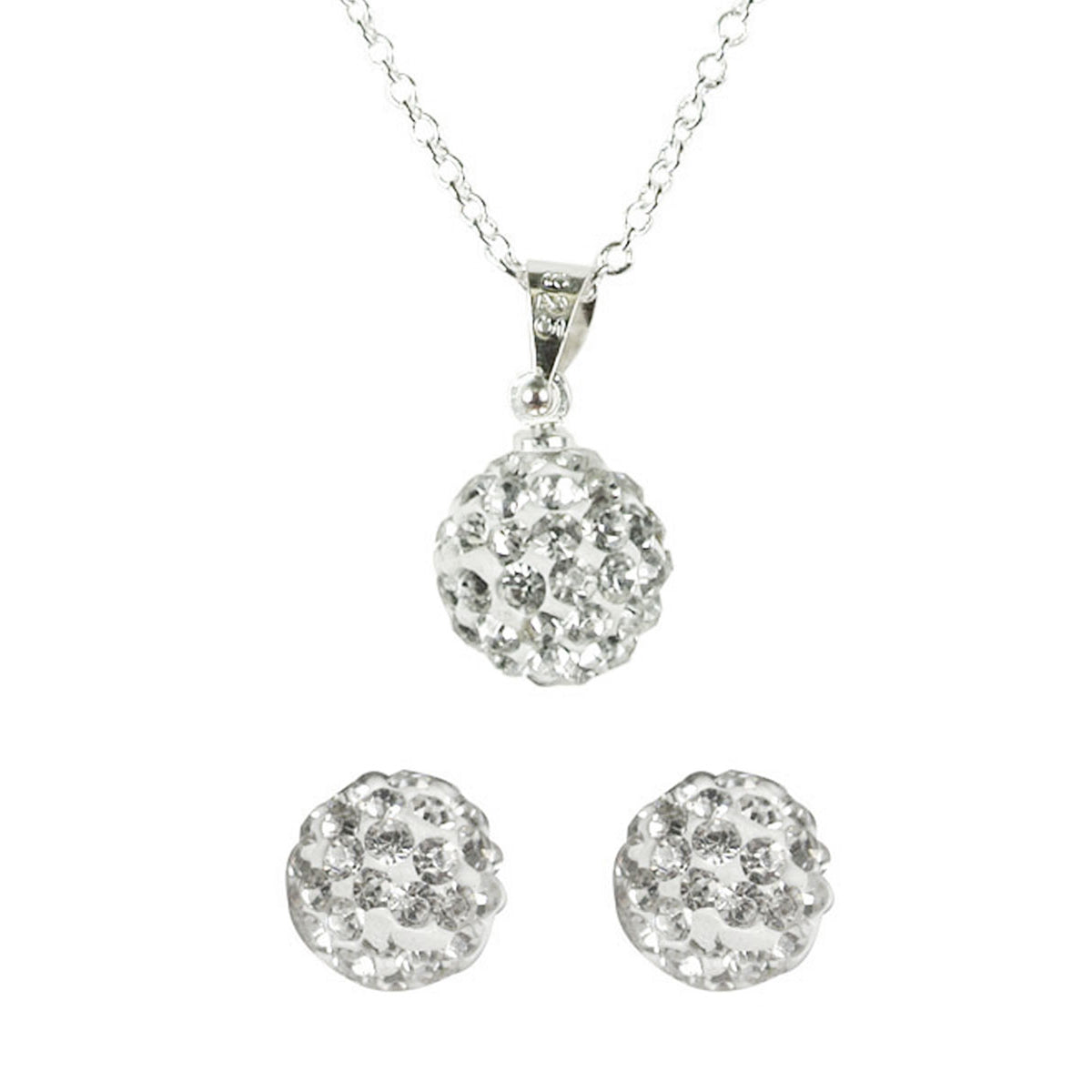 Crystal Disco Ball Pendant Necklace and Stud Earrings Jewelry Set, Silver