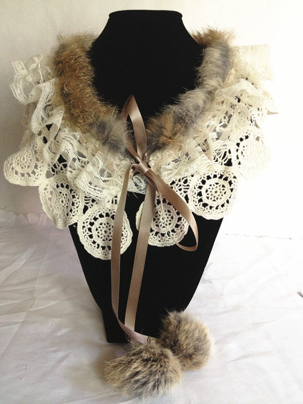 Rabbit Hair and Lace Collar Necklace, Brown