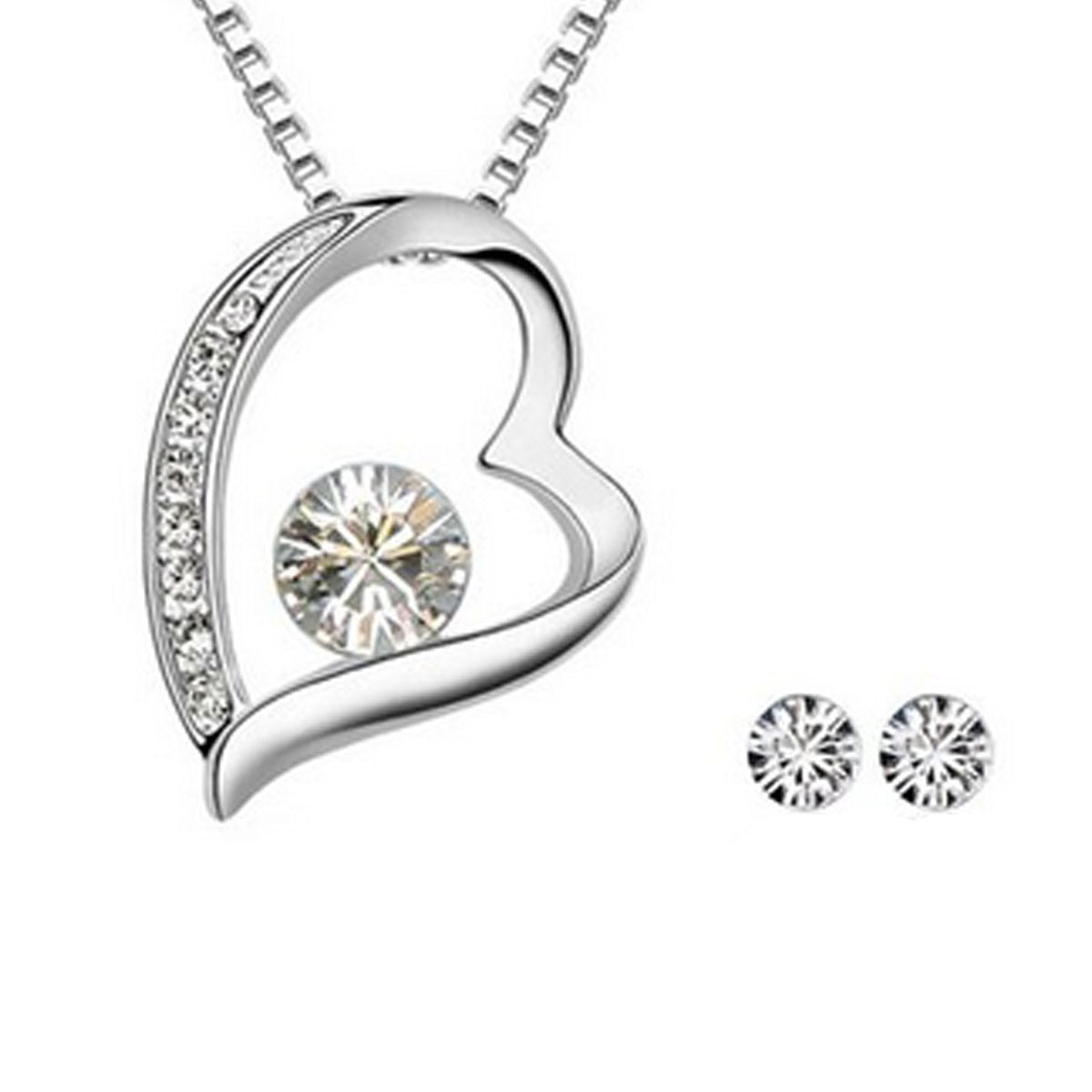 White Crystal Jewelry Set - Heart Pendant Necklace and Earrings