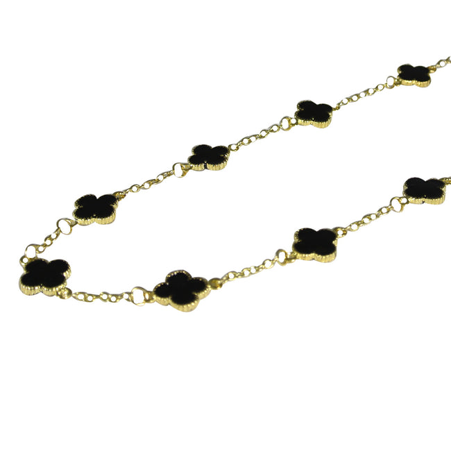 Onyx Enamel Clover Long Chain Fashion Necklace