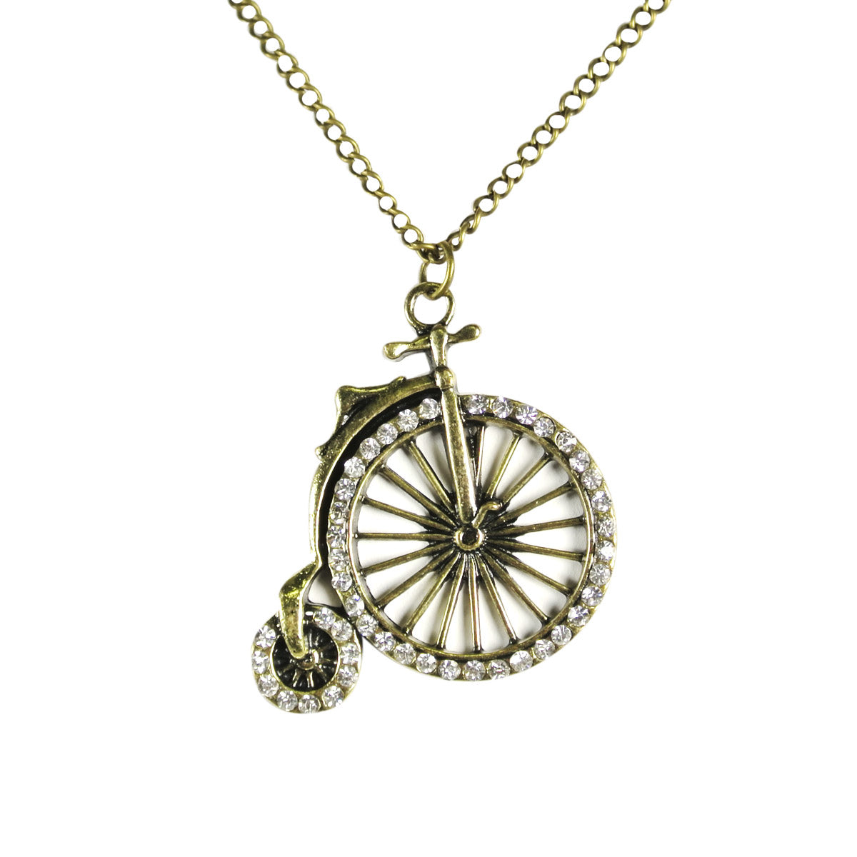 Vintage Crystal Rhinestone Old Time Bicycle Pendant Necklace