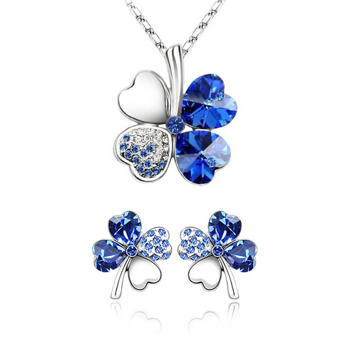 Gold Plated Crystal Four Leaf Clover Pendant Necklace and Earrings Jewelry Set