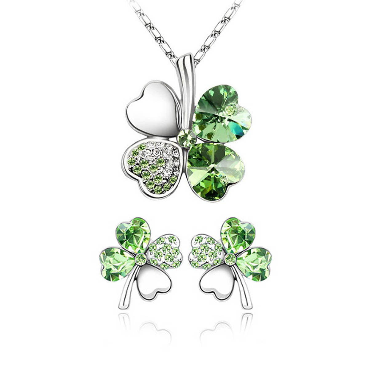 Gold Plated Crystal Four Leaf Clover Pendant Necklace and Earrings Jewelry Set