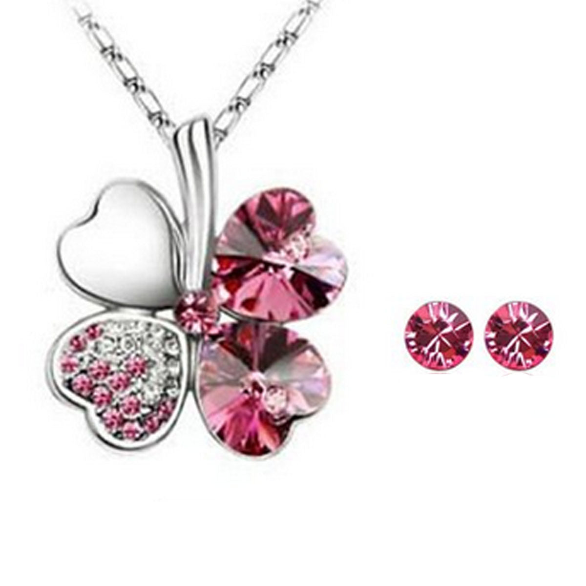 Gold Plated Crystal Heart Shaped Four Leaf Clover Pendant Necklace and Stud Earrings Jewelry Set