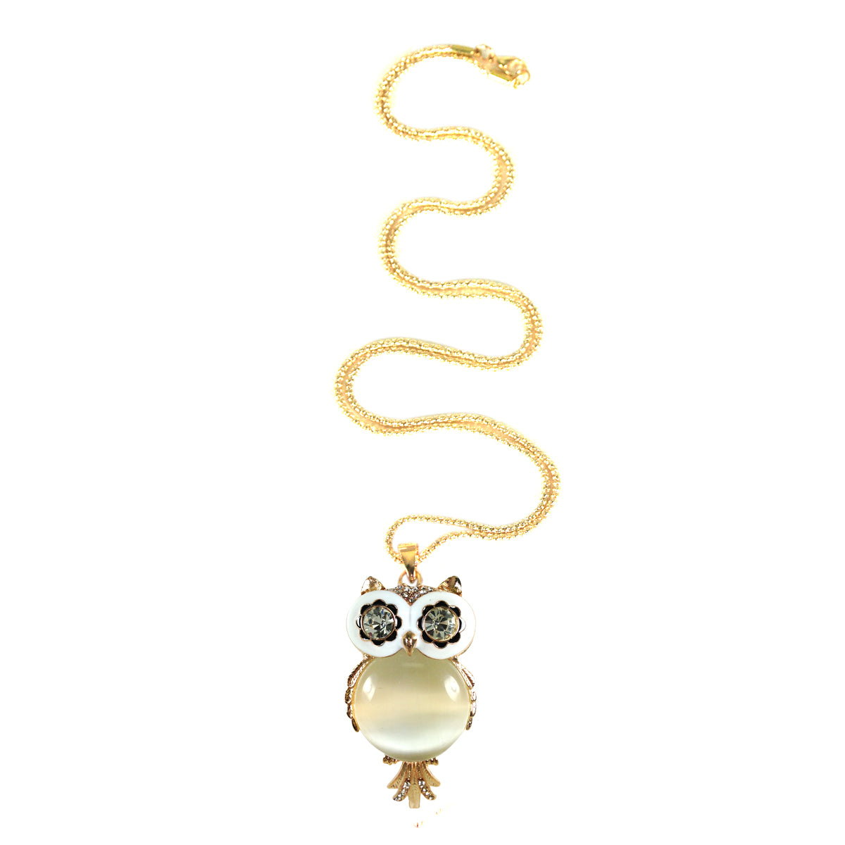 Long Vintage White Belly Gold Plated Owl Pendant Necklace