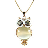 Long Vintage White Belly Gold Plated Owl Pendant Necklace