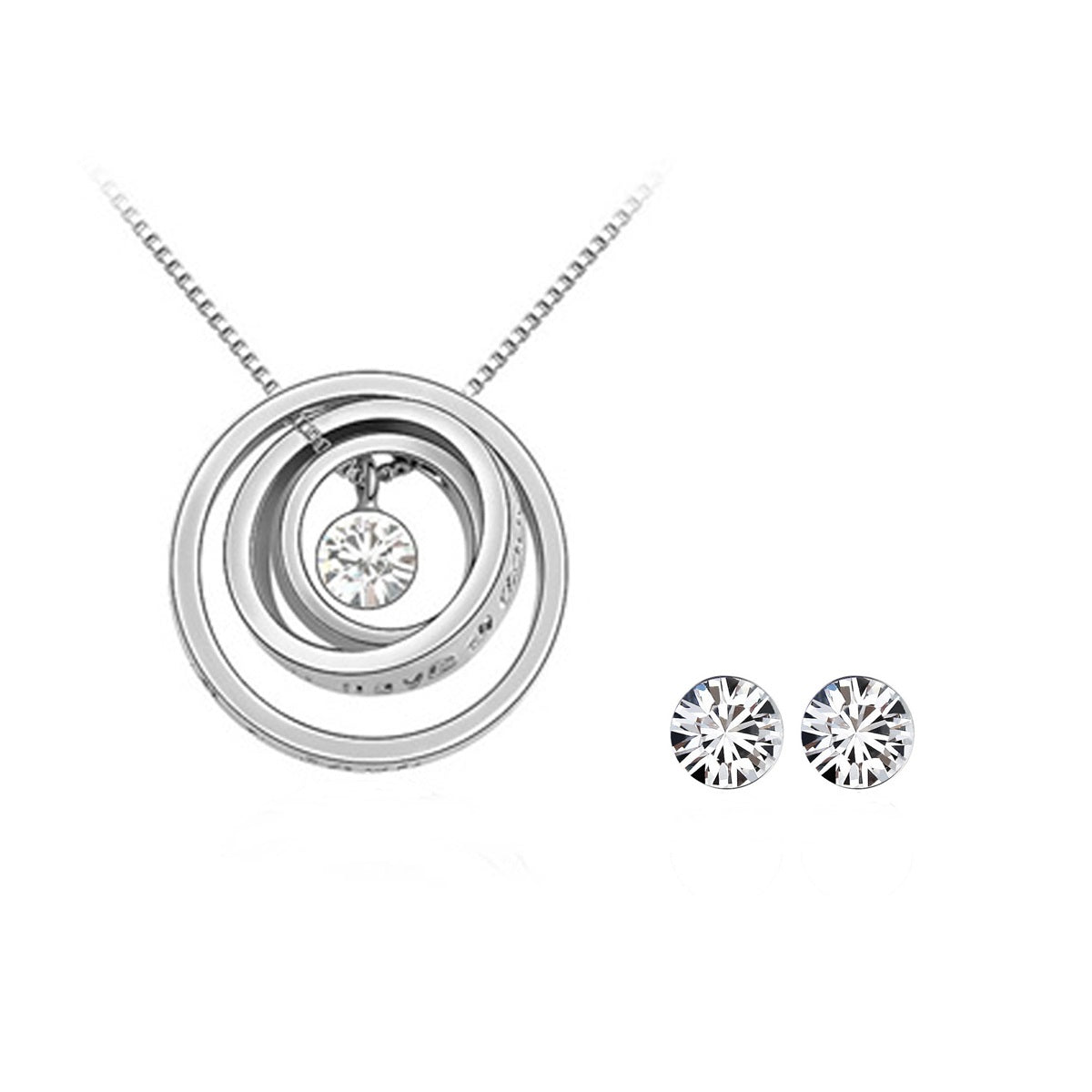 White Jewelry Set - Triple Rings Pendant Necklace and Earrings