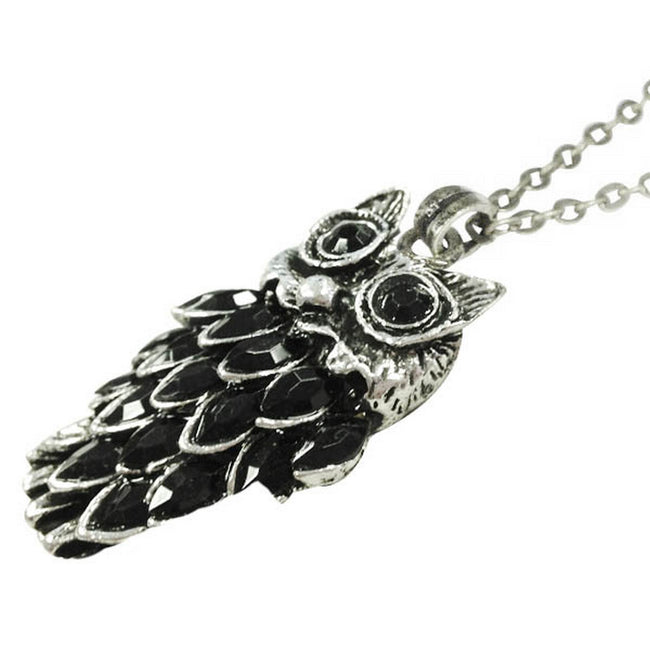 Vintage Black Crystal Owl Pendant Necklace
