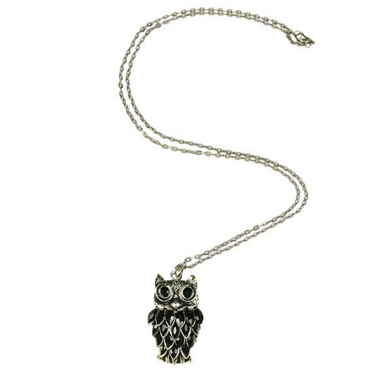 Vintage Black Crystal Owl Pendant Necklace