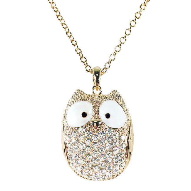 Rhinestone Studded Snowy Owl Pendant Necklace