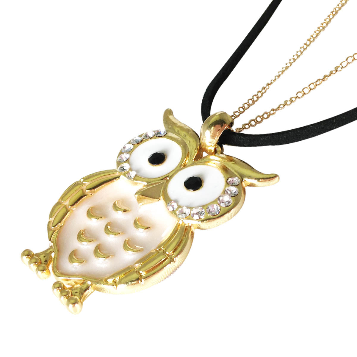 Owl Pendant Necklace with Crystal Rimmed Eyes