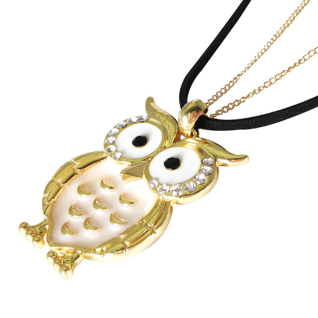 Owl Pendant Necklace with Crystal Rimmed Eyes
