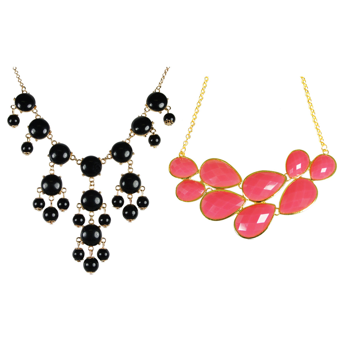 Pink Drop Shape Bubble Statement Necklaces + Black Mini Bubble Bib Statement Necklace [A63992 , A64444]