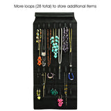 39 Pocket Black Polyester Hanging Jewelry Organizer with 28 Holding Loops + Large Burgundy Silk Embroidered Jewelry Roll