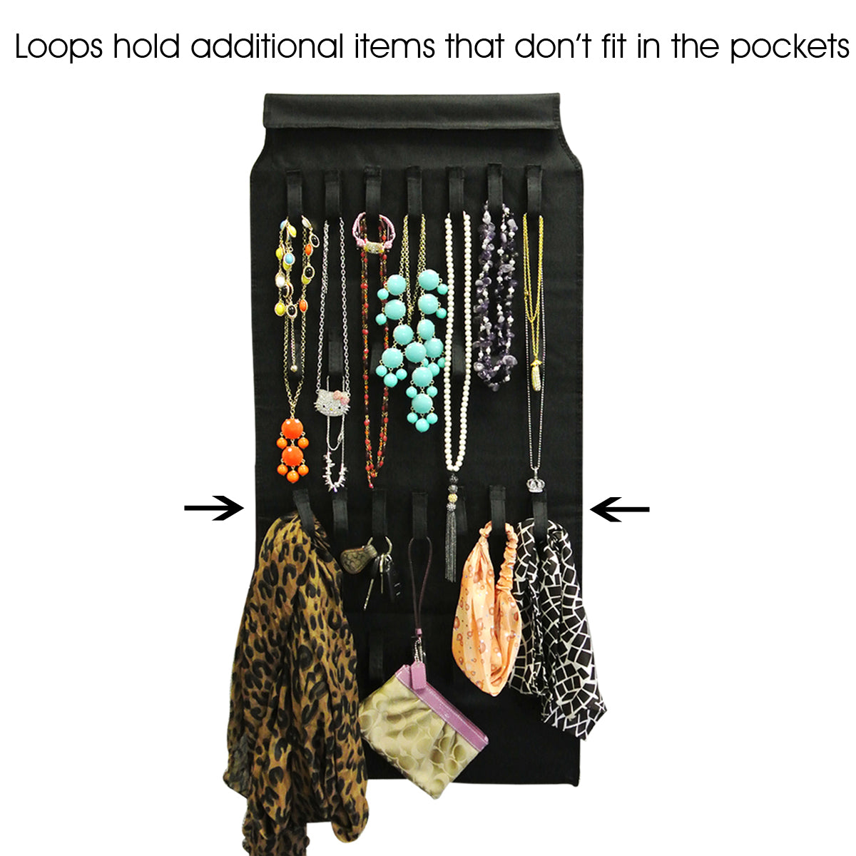 39 Pocket Black Polyester Hanging Jewelry Organizer with 28 Holding Loops + Large Burgundy Silk Embroidered Jewelry Roll