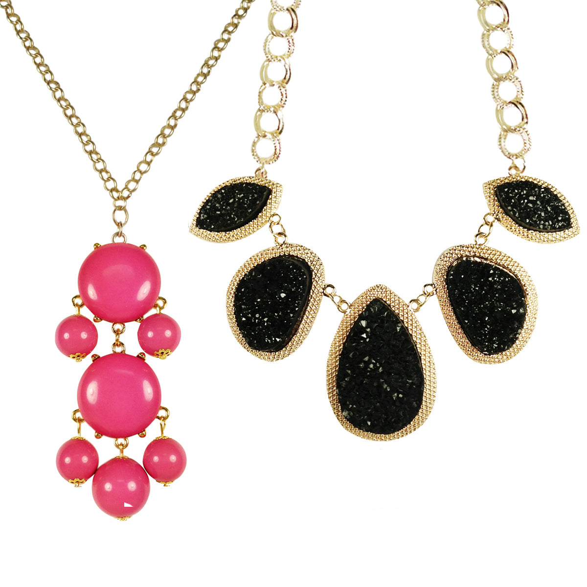 Hot Pink Beaded Bubble Pendant Necklace + Stone Necklace