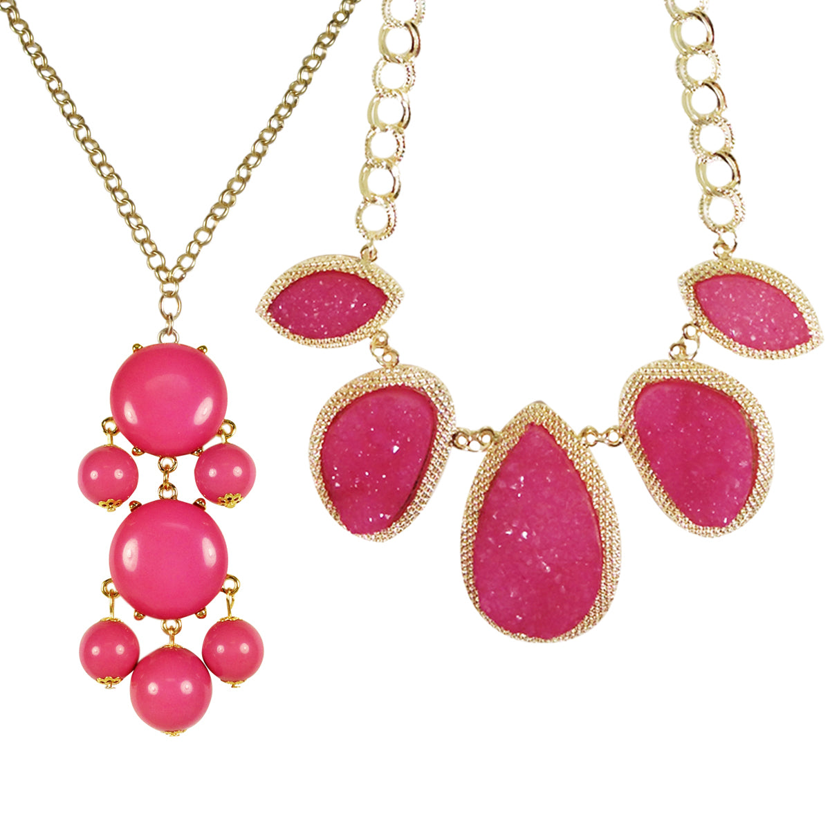 Hot Pink Beaded Bubble Pendant Necklace + Stone Necklace