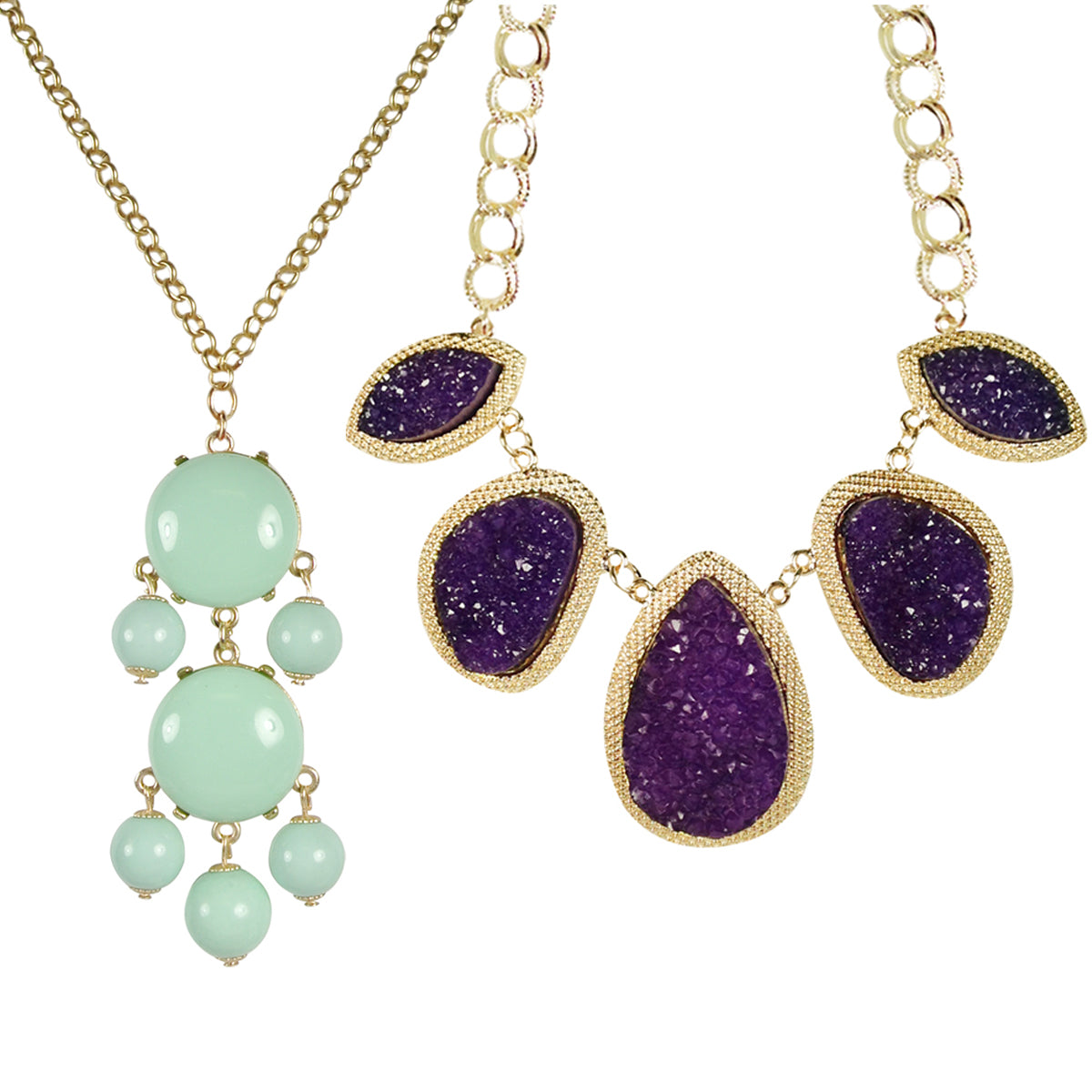 Mint Green Beaded Bubble Pendant Necklace + Purple Drop Stone Necklace [A63876, A64557]