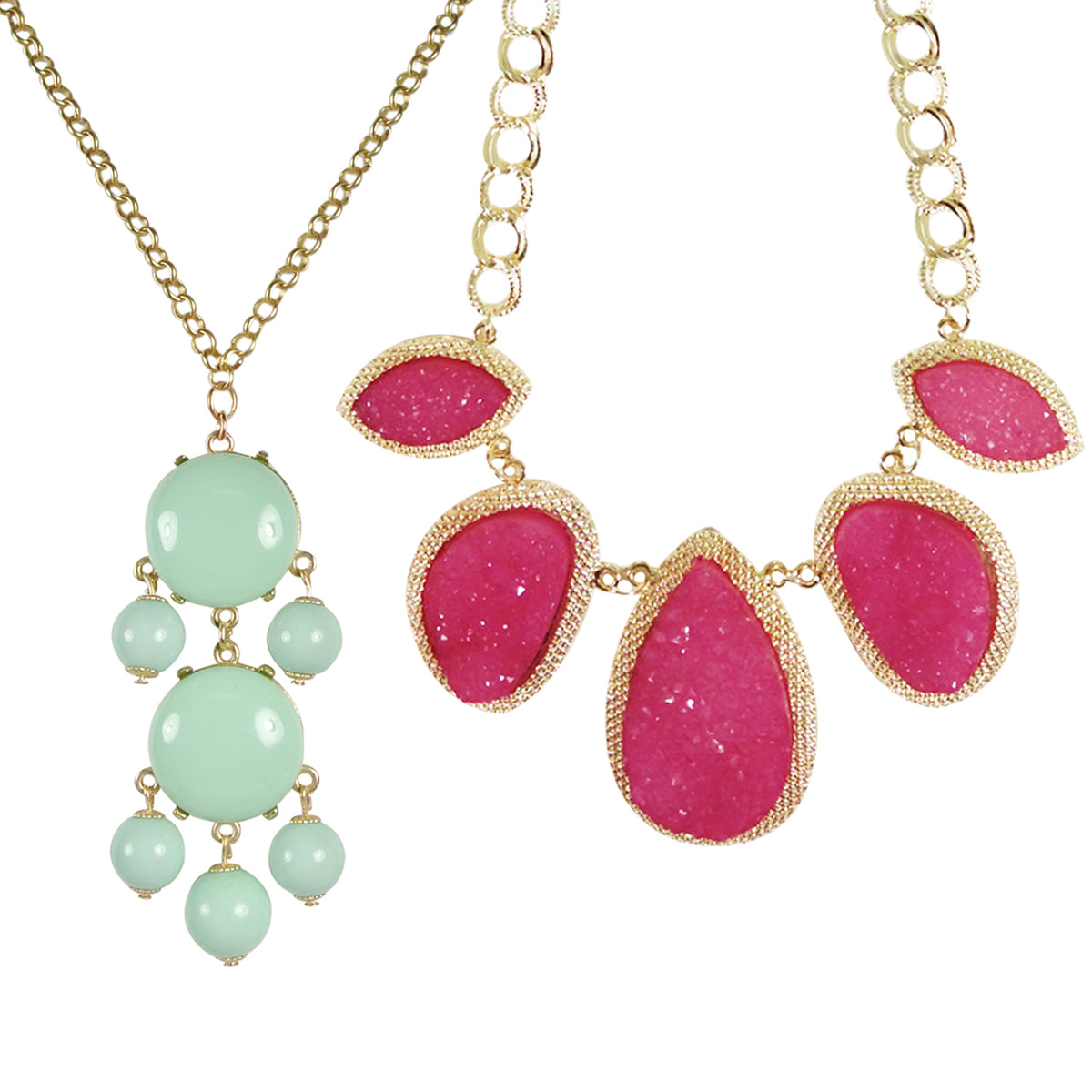 Mint Green Beaded Bubble Pendant Necklace + Pink Drop Stone Necklace [A63876, A64560]