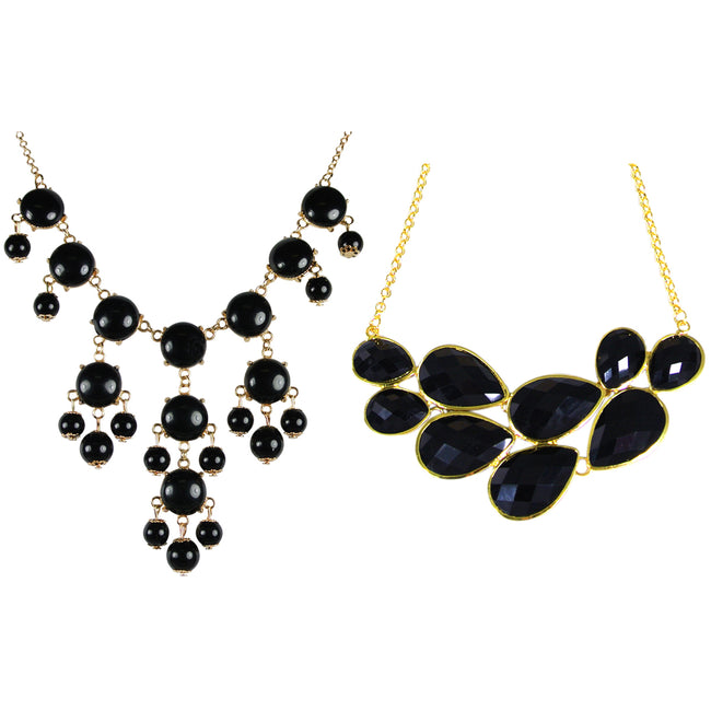 Black Mini Bubble Bib Statement Necklace + Black Drop Shape Bubble Statement Necklaces [A64444, A63993]
