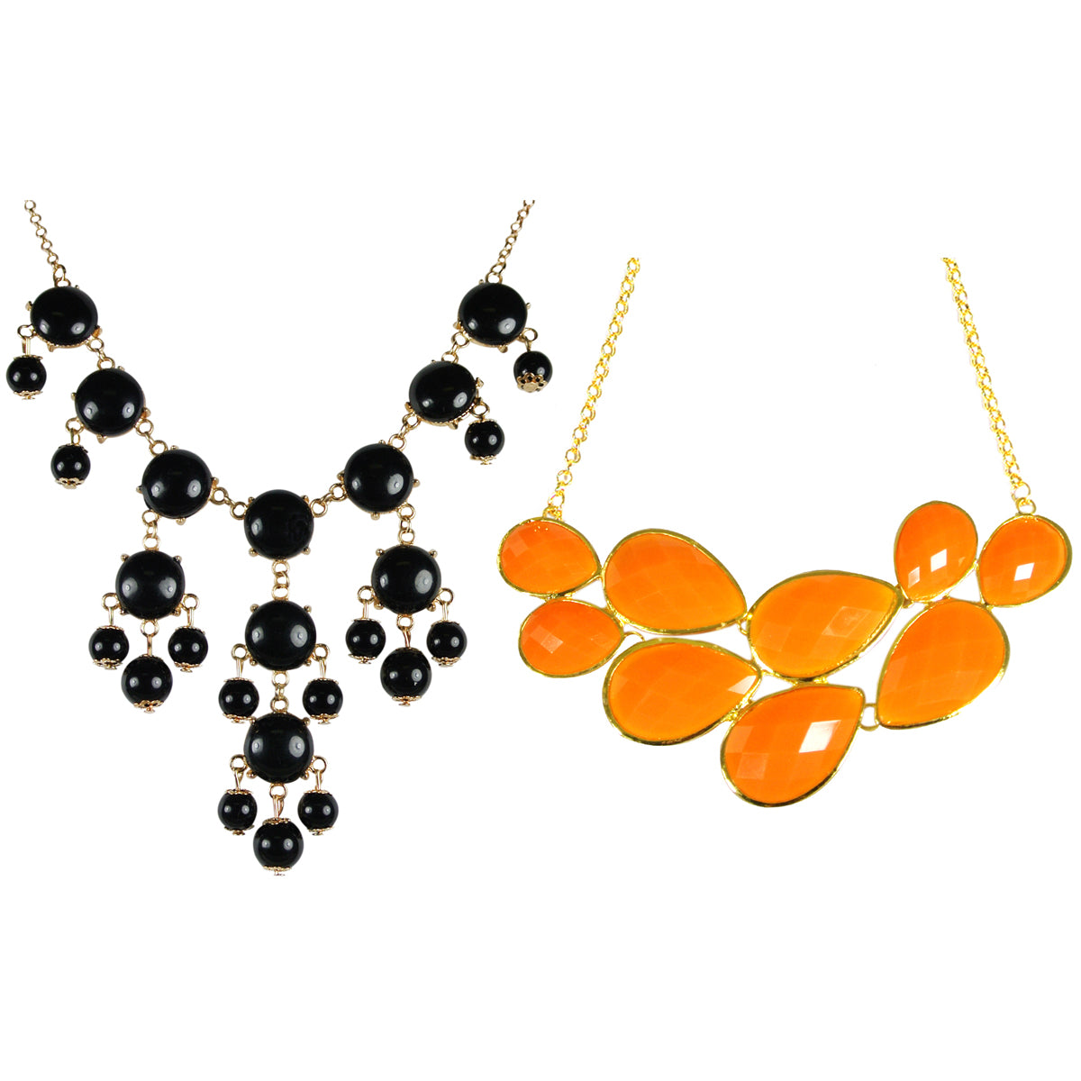 Black Mini Bubble Bib Statement Necklace + Orange Drop Shape Bubble Statement Necklaces [A64444,A64040]