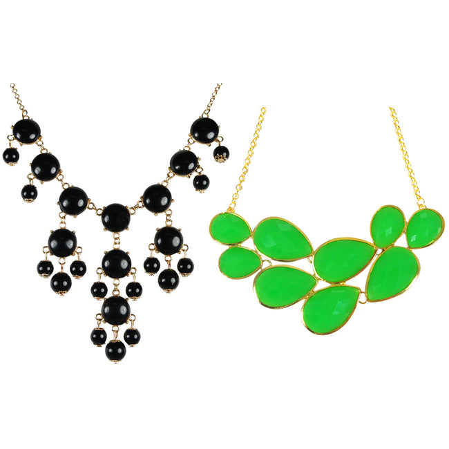 Black Mini Bubble Bib Statement Necklace + Green Drop Shape Bubble Statement Necklaces [A64444,A64286]