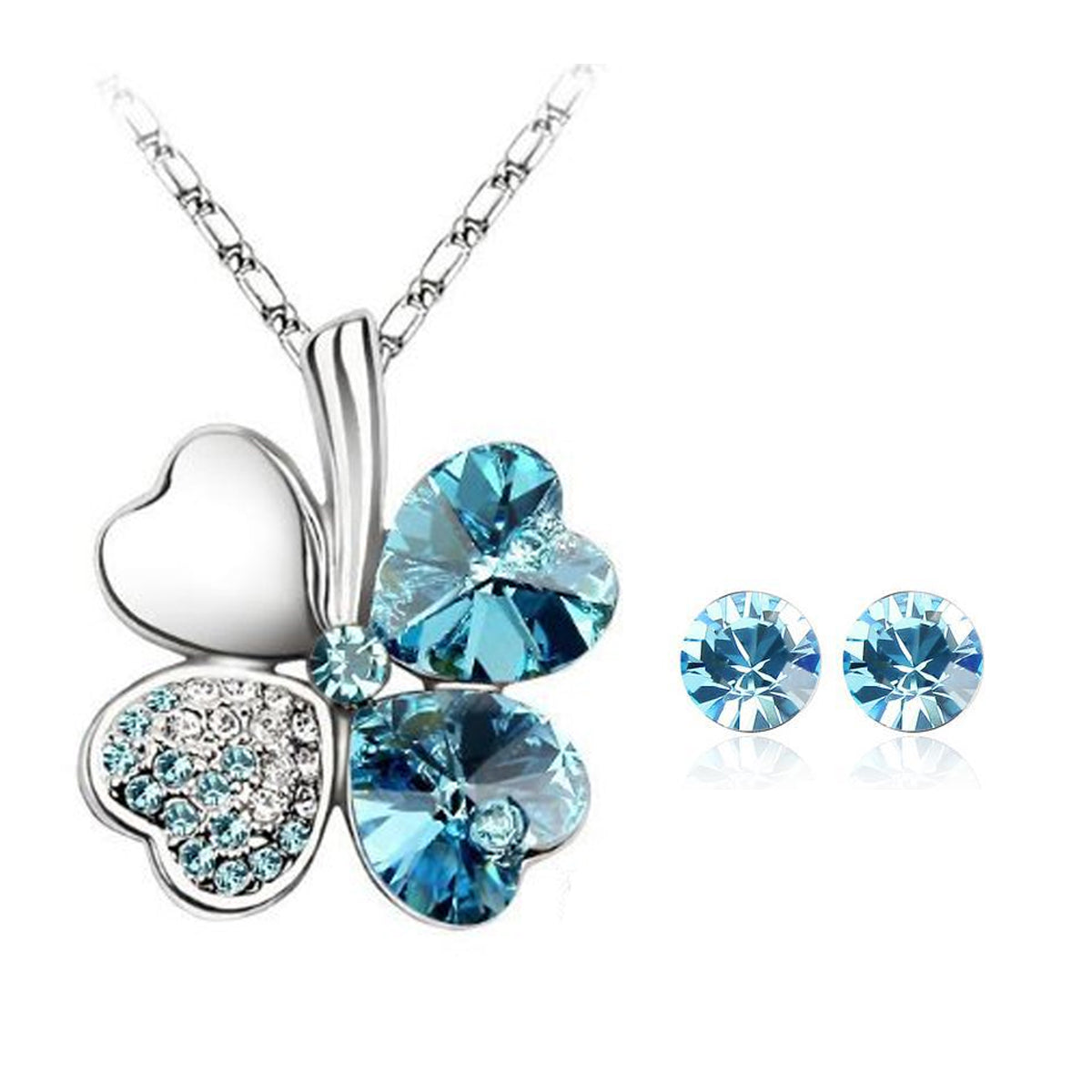 Gold Plated Crystal Heart Shaped Four Leaf Clover Pendant Necklace and Stud Earrings Jewelry Set (Sea Blue)