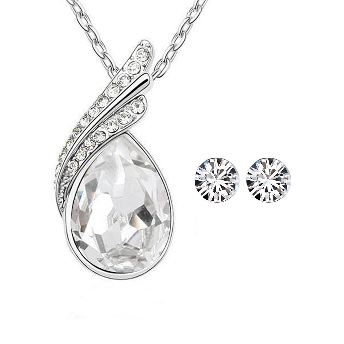 Wrapables Elegant Teardrop Crystal Pendant Necklace and Stud Earrings Jewelry Set
