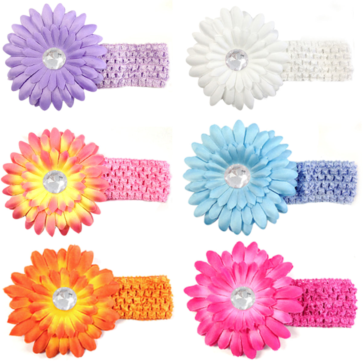 Kella Milla Assorted Gerber Daisy Flower Hair Clips With Soft Stretchy Crochet Baby Headbands (24 Pack, 12 Flowers + 12 Headbands)