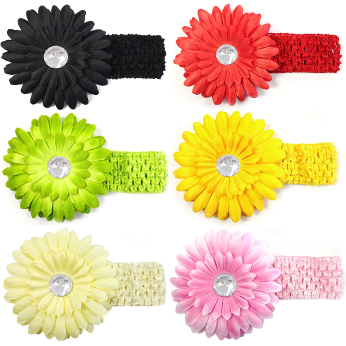 Kella Milla Assorted Gerber Daisy Flower Hair Clips With Soft Stretchy Crochet Baby Headbands (24 Pack, 12 Flowers + 12 Headbands)