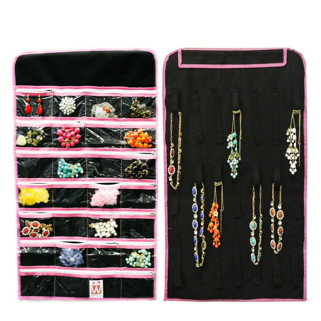 28 Zippered Pockets Hanging Jewelry Organizer with 21 Holding Loops