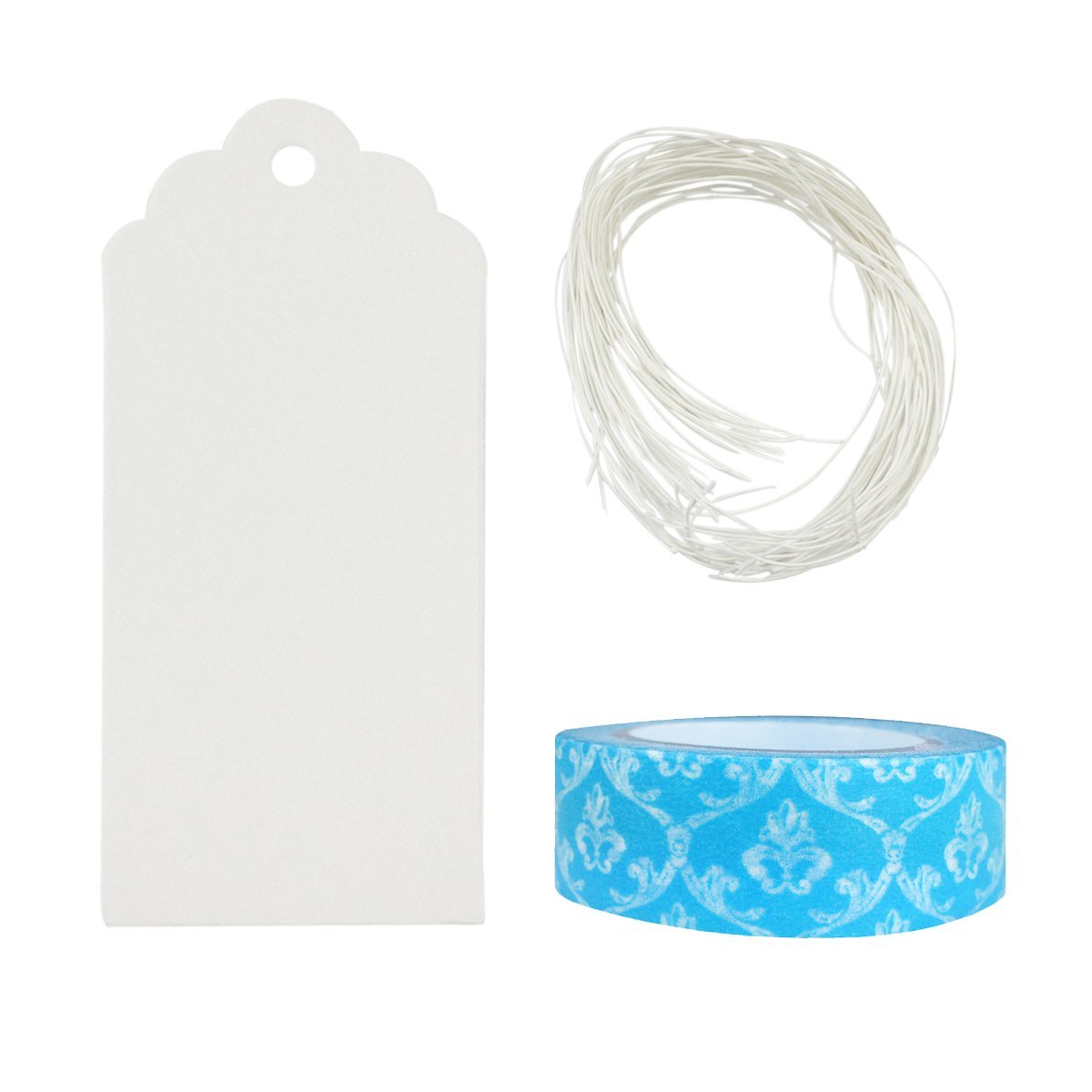 Wrapables 50 White Scallop Gift Tags with Free Cut String & 1 Washi Roll