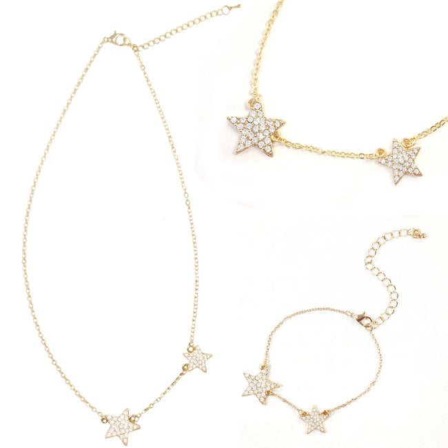 Wrapables Gold Plated Petite Double Crystal Star Pendant Necklace and Bracelet Jeweley Set