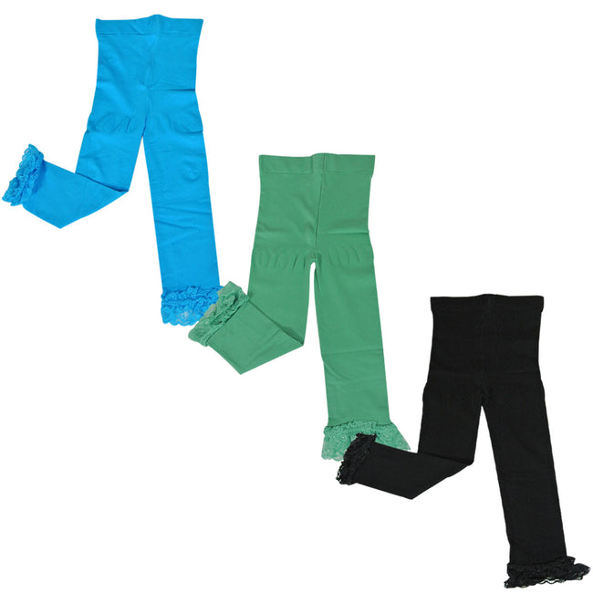 Wrapables Toddler Stretch Leggings with Lace Trim, Set of 3 (Blue, Green, Black)