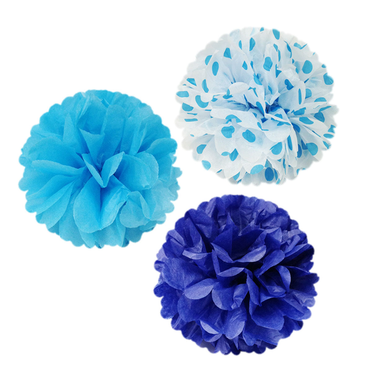 Wrapables 12 inch Set of 3 Tissue Pom Poms Party Decorations for Weddings, Birthday Parties Baby Showers and Nursery Dcor, Blue/ Navy/ Blue Polka Dots