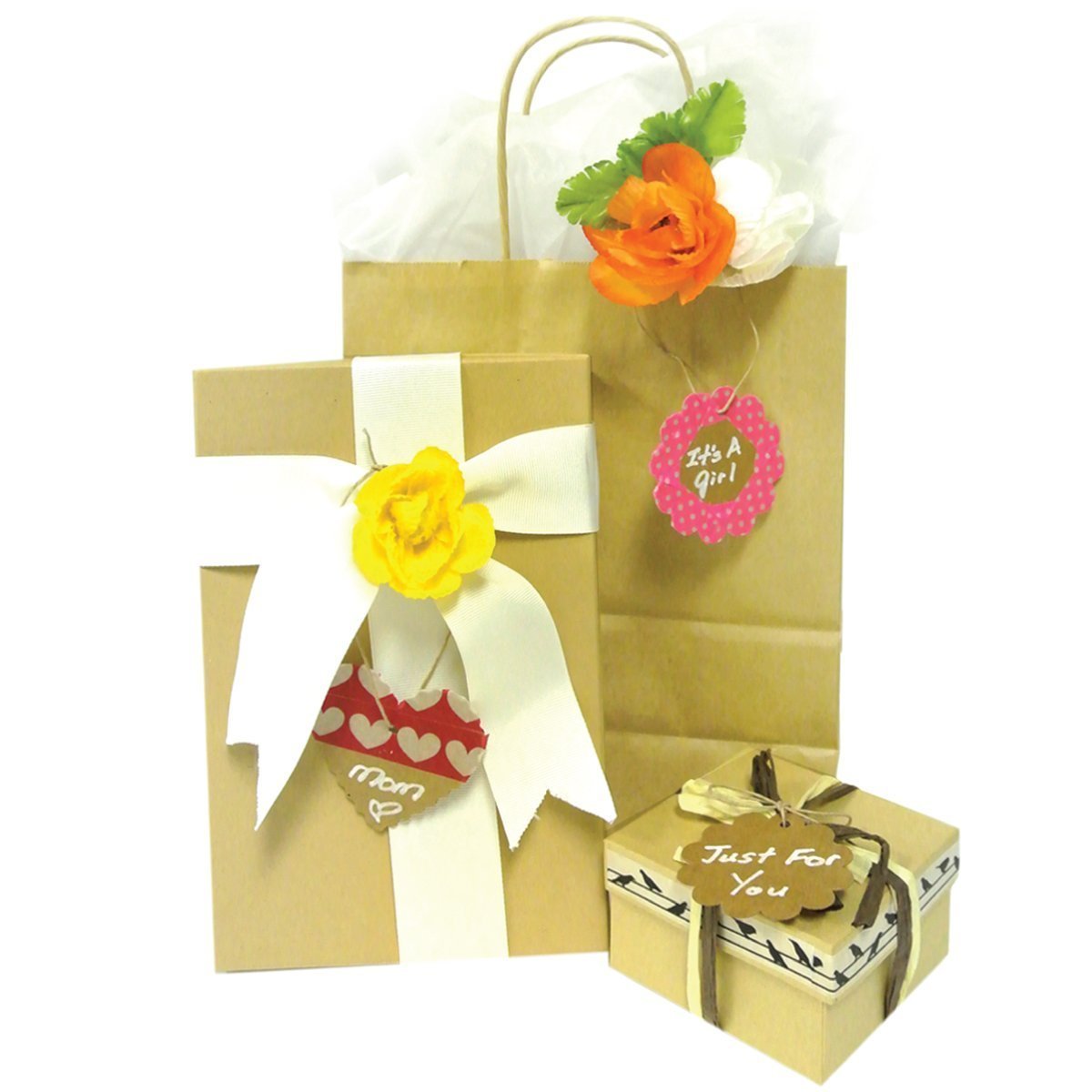 Wrapables 100 Gift Tags/Kraft Hang Tags with Free Cut Strings - Flower