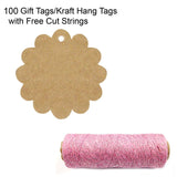 Wrapables 100 Flower Gift Tags/Kraft Hang Tags with Free Cut Strings + Cotton Baker's Twine 4ply 110 Yard, Pink/Metallic Silver
