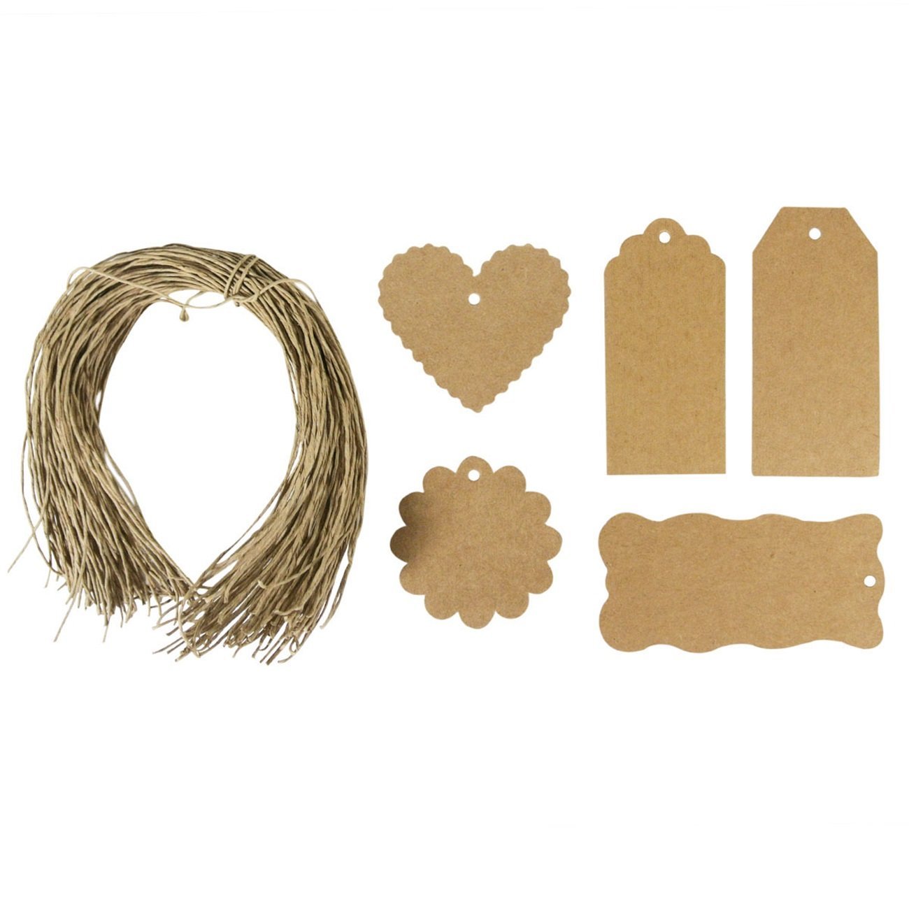Wrapables 100-Count Brown Gift Tags with Free Cut String for Gifts Crafts and Price Tags Plus Cotton Baker's Twine, 12 Ply/110-Yard, White/Gold