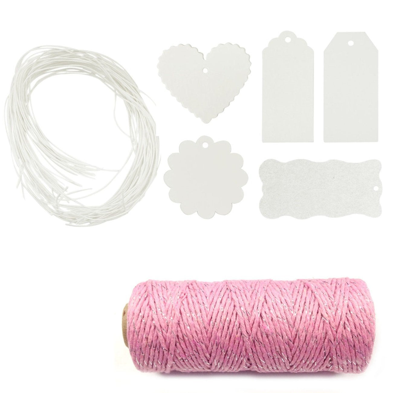 Wrapables 100 White Gift Tags with Free Cut String + Cotton Baker's Twine 12ply 110 Yard, Pink/Metallic Silver