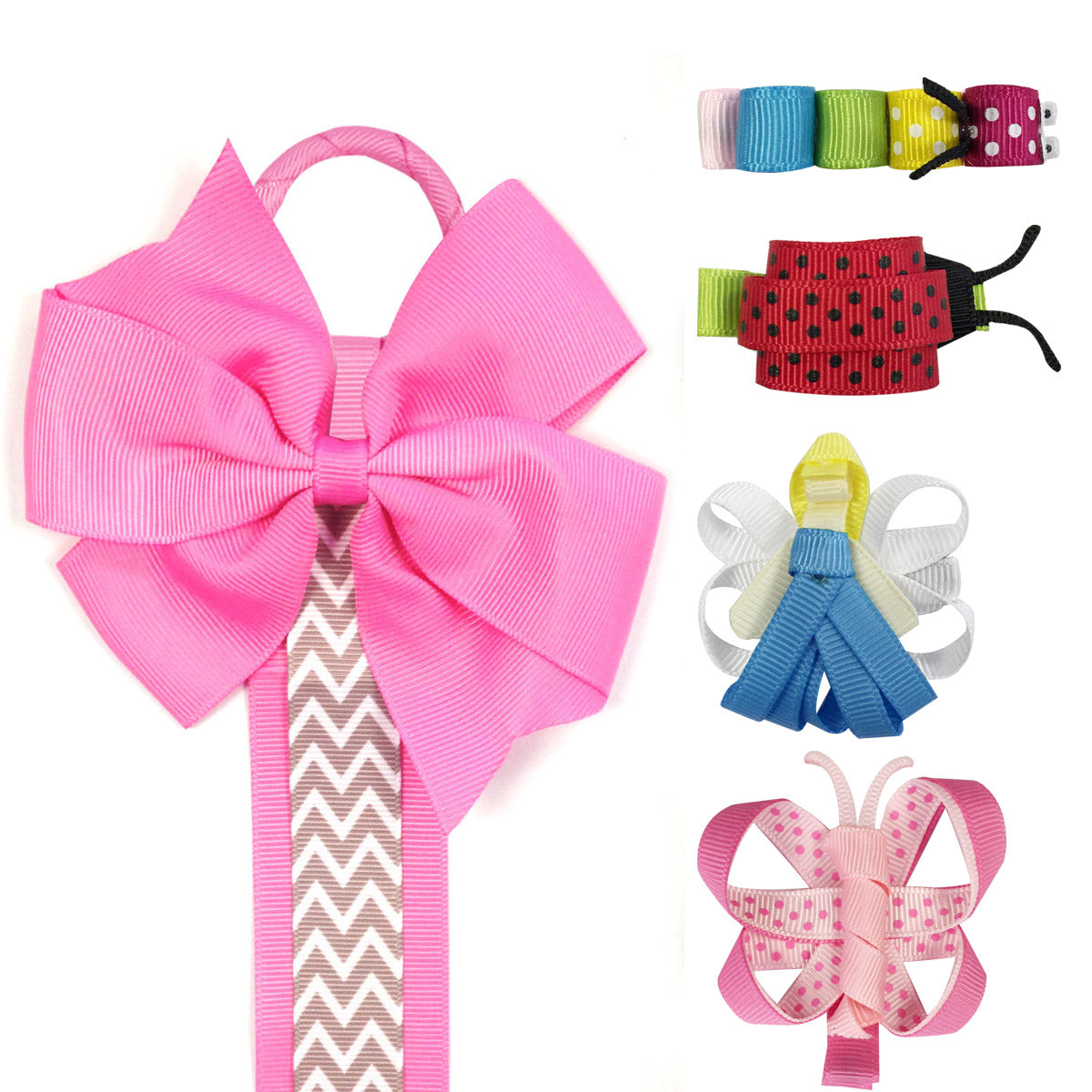 Wrapables Angel, Butterfly, Ladybug, Caterpillar Ribbon Sculpture Hair Clips with Chevron Hair Clip / Hair Bow Holder, Hot Pink