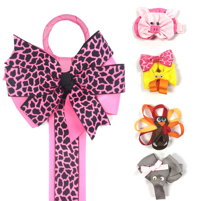 Wrapables Duck, Turkey, Elephant, Pig Ribbon Sculpture Hair Clips with Leopard Hair Clip / Hair Bow Holder