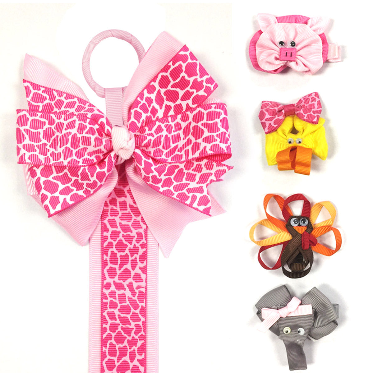 Wrapables Duck, Turkey, Elephant, Pig Ribbon Sculpture Hair Clips with Leopard Hair Clip / Hair Bow Holder
