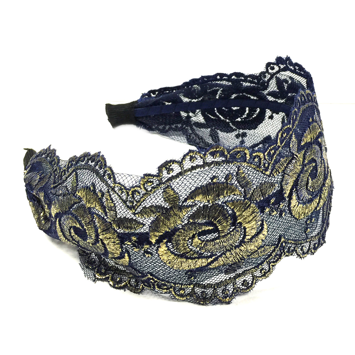 Wrapables Elegant Lace Headband with Gold Tone Threading, Blue
