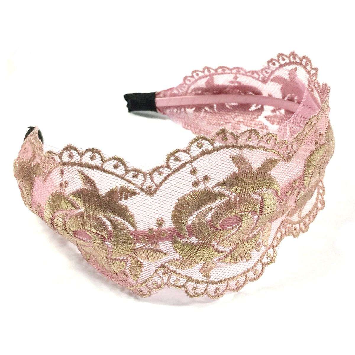Wrapables Elegant Lace Headband with Gold Tone Threading,Pink