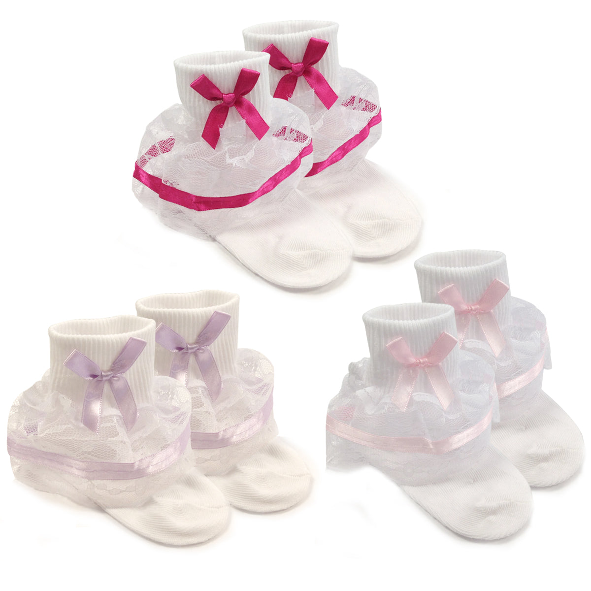 Wrapables Lil Miss Bella Lace & Ribbon Ruffle Socks for Toddler Girl, Set of 3 (Size 4-6)