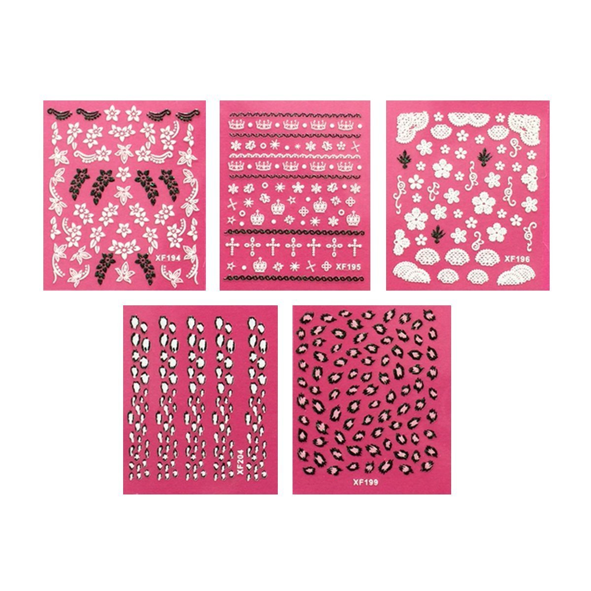 Wrapables Leopard Print, Floral, Crowns and Crosses Nail Art Self-Adhesive Stickers Nail Decals, Set of 5