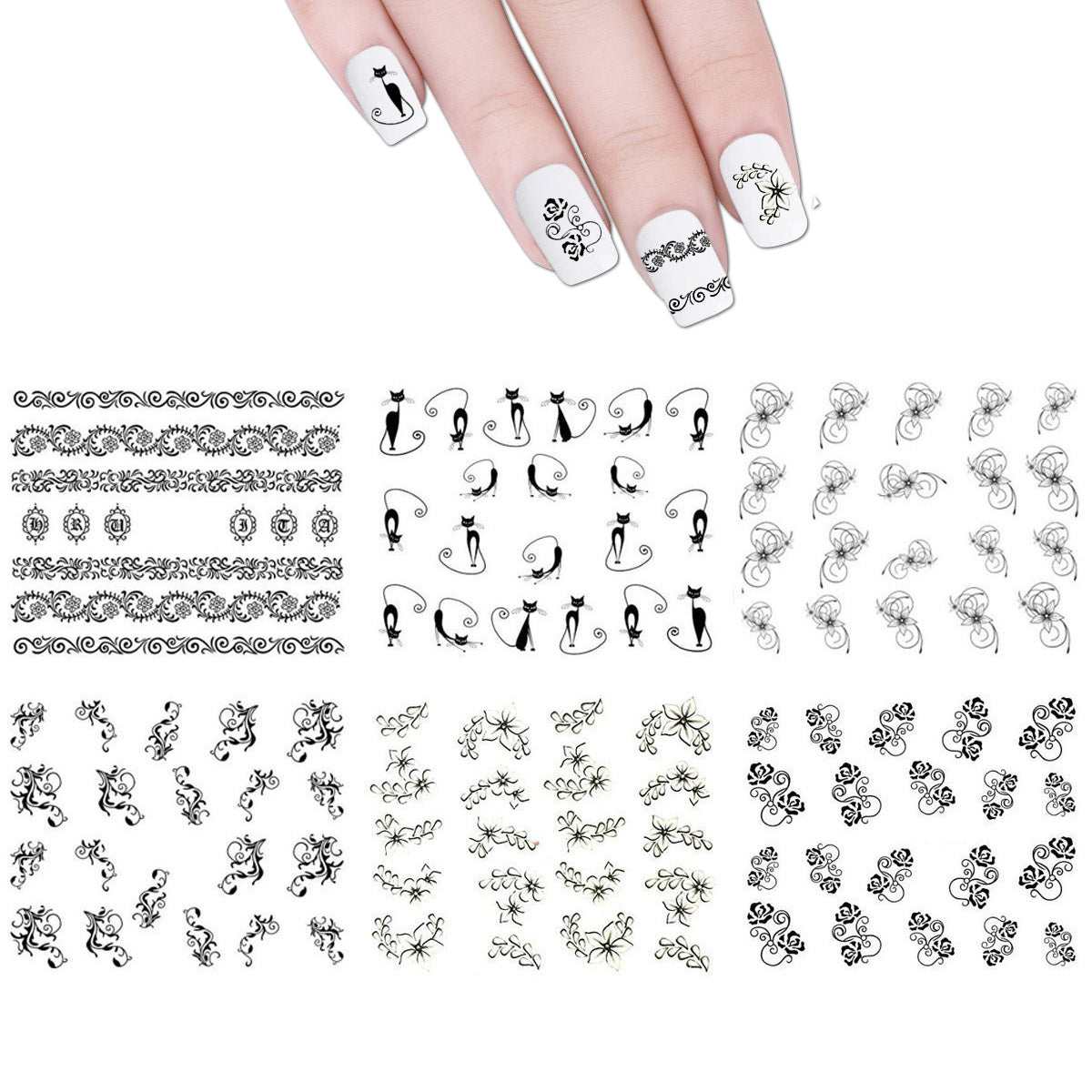 Wrapables Nail Art Water Nail Stickers Water Transfer Stickers / Nail Art Tattoos / Nail Art Decals, Black & White (6 sheets)